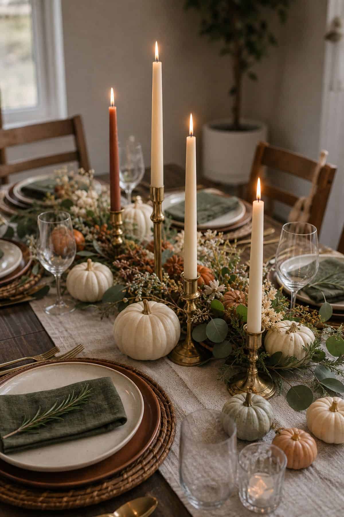 Thanksgiving table decor idea with add taper candles in graduated heights