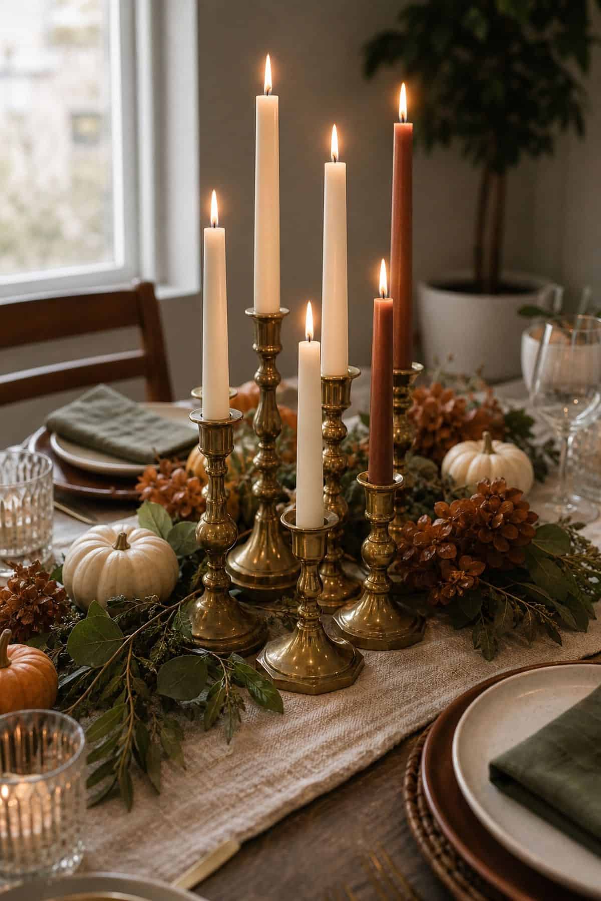 Thanksgiving table decor idea with cluster brass candle holders for visual weight