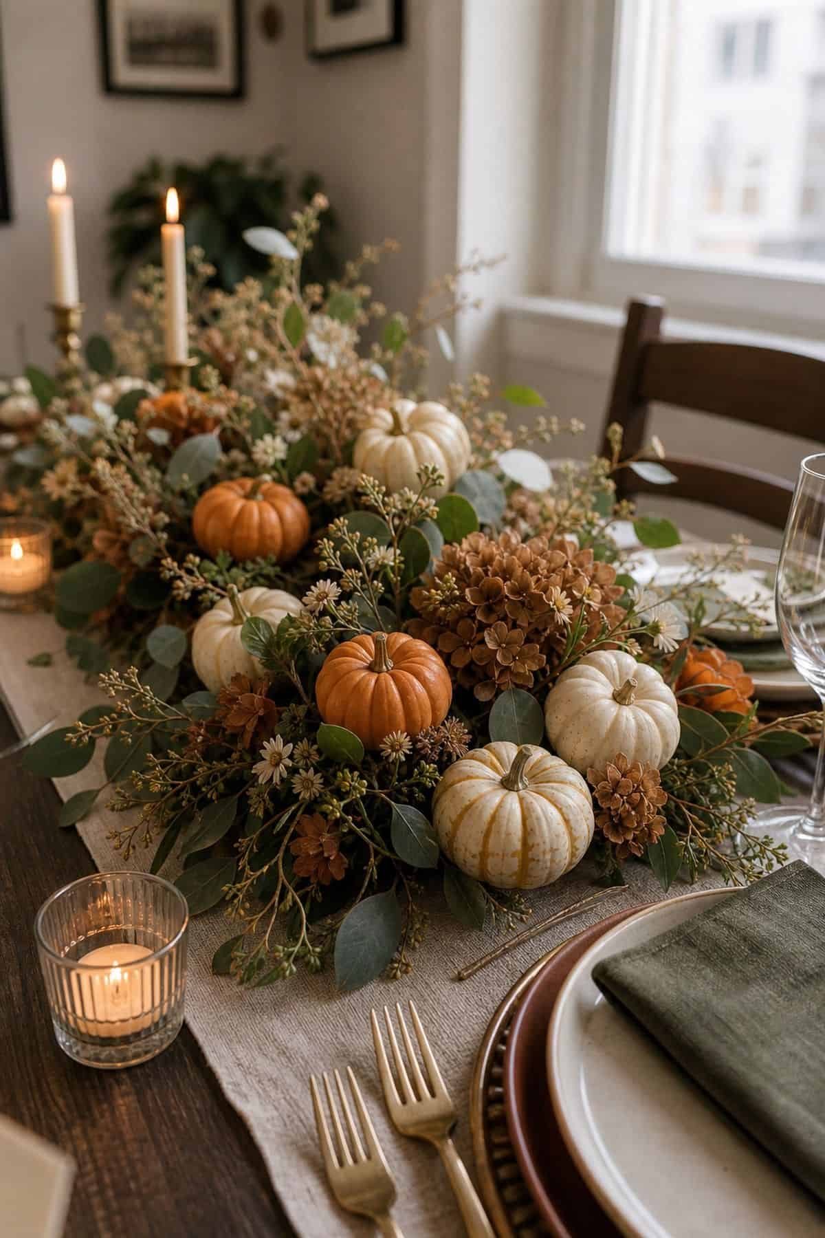 Thanksgiving table decor idea with tuck mini pumpkins throughout the centerpiece