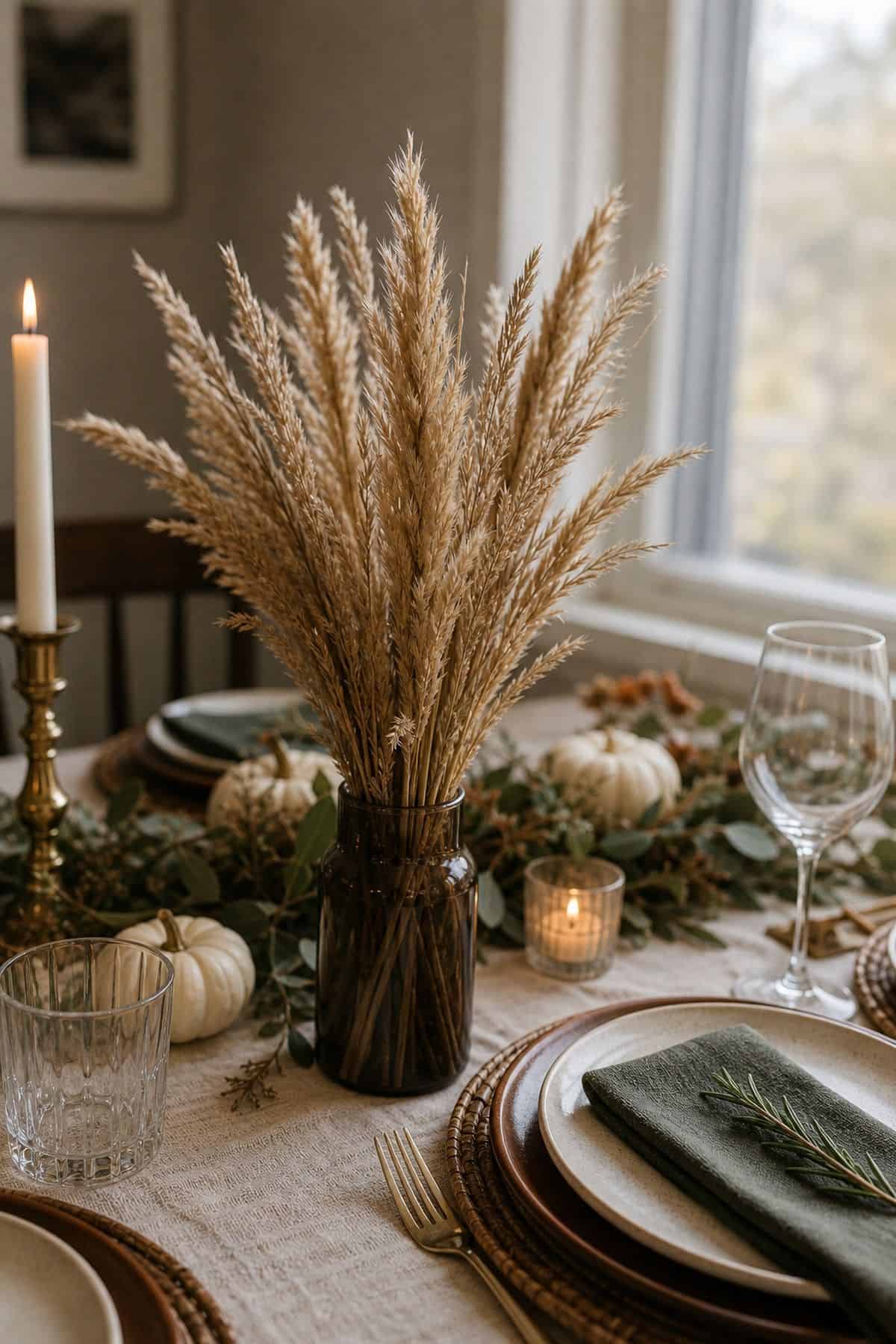 Thanksgiving table decor idea with add dried wheat or pampas for vertical lines