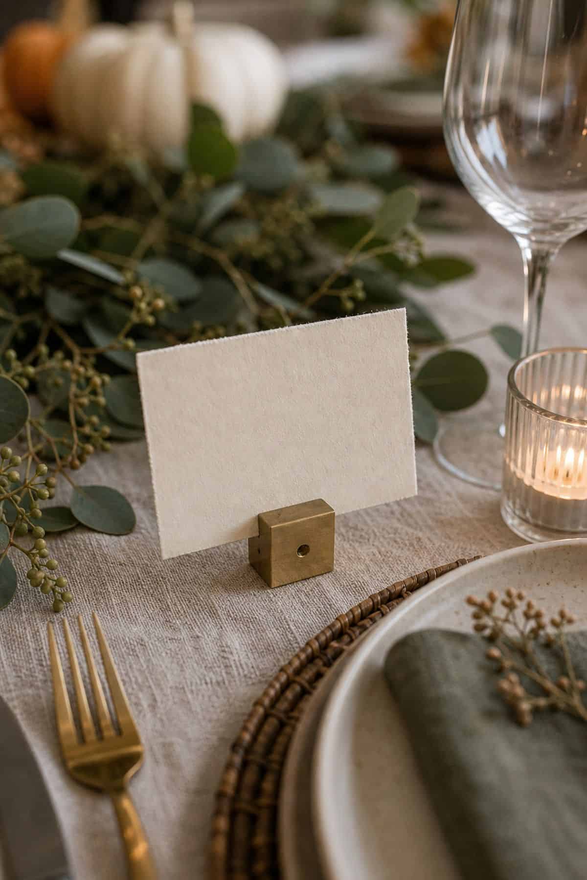 Thanksgiving table decor idea with hand-write place cards on cream cardstock