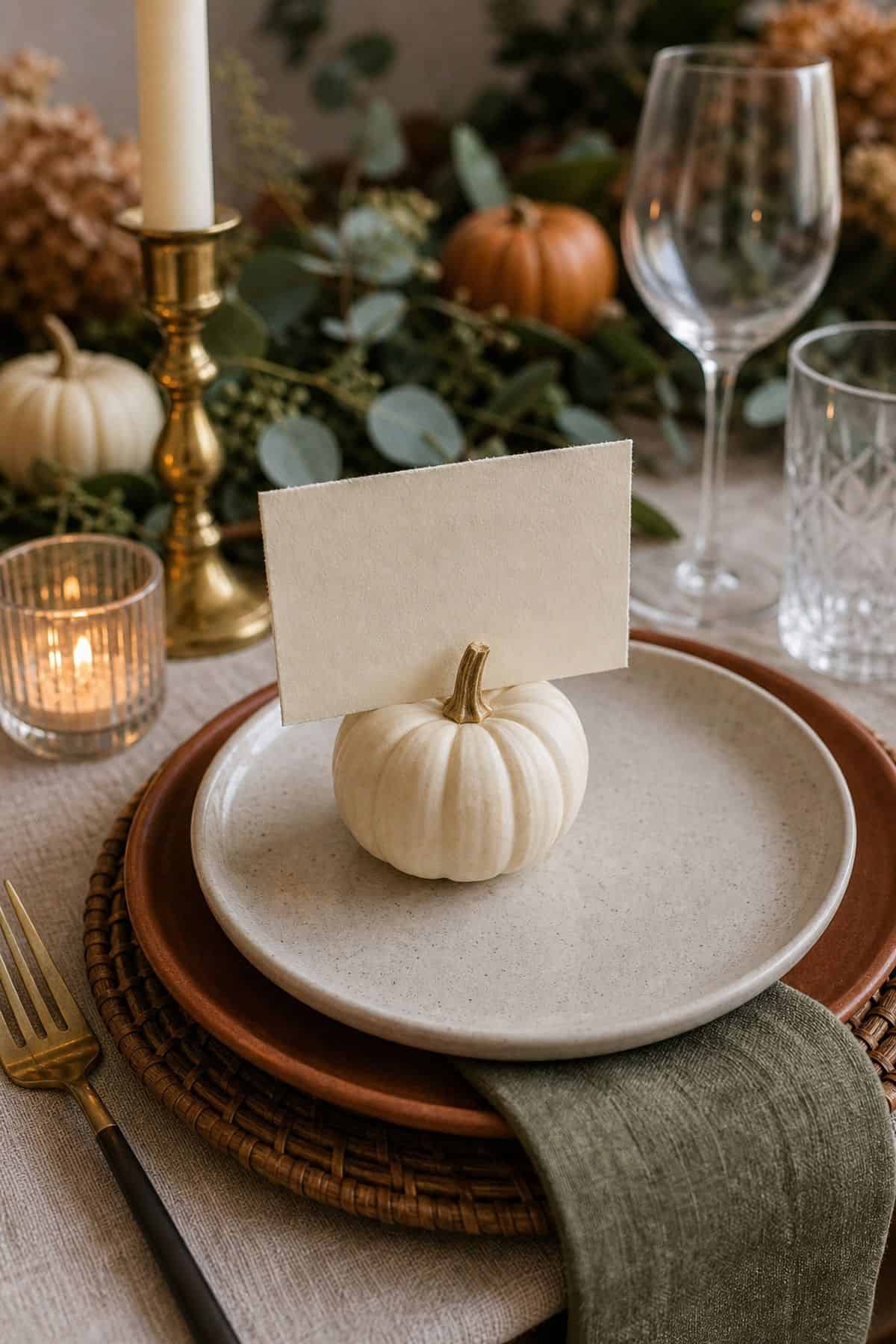 Thanksgiving table decor idea with use a mini pumpkin as a place card holder
