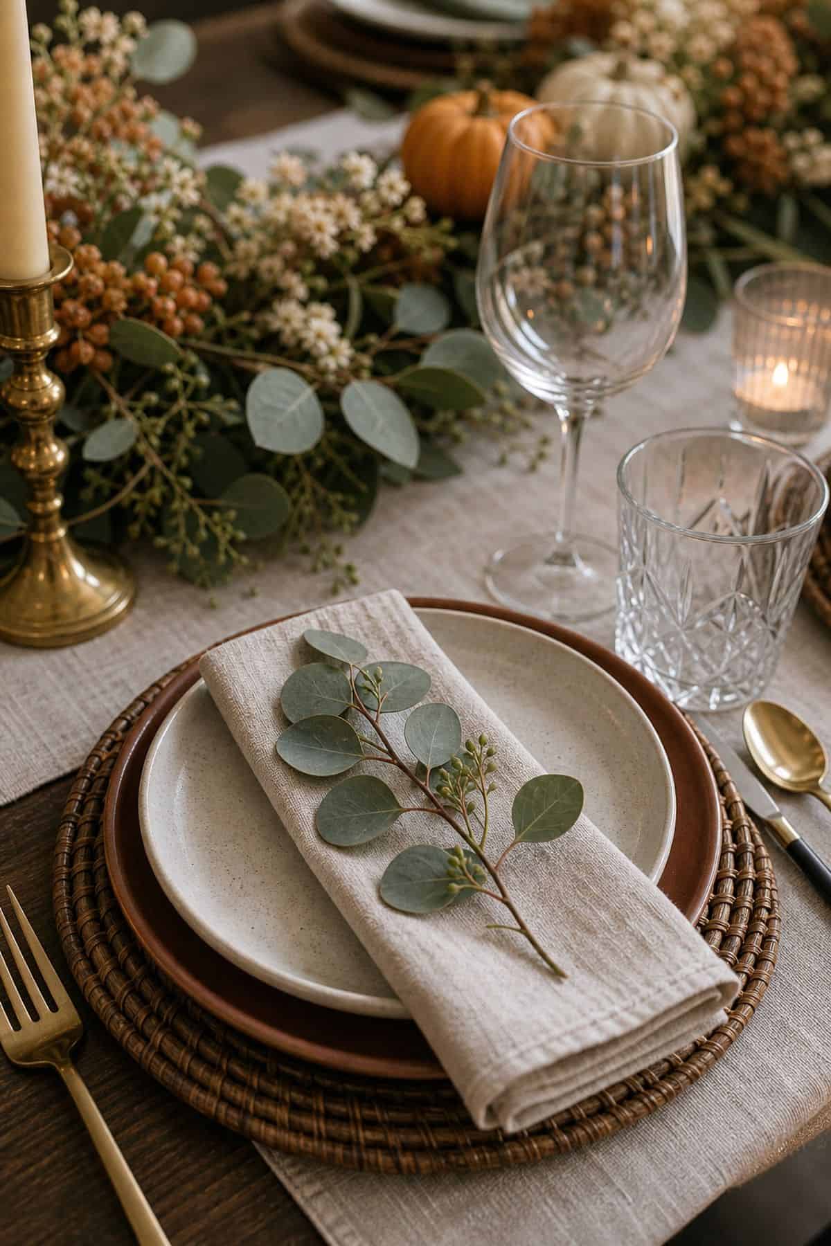 Thanksgiving table decor idea with add a sprig of greenery at each setting
