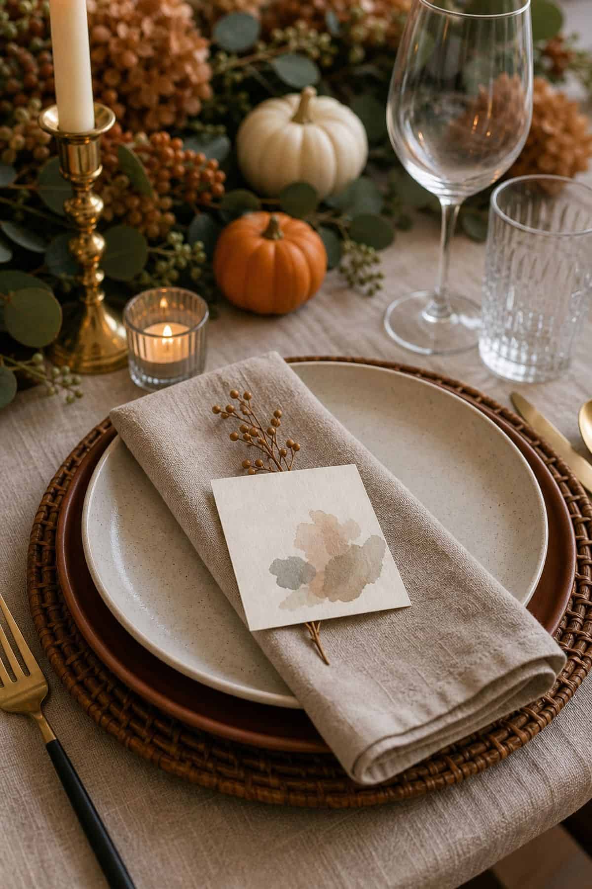 Thanksgiving table decor idea with place a small gratitude card at each setting