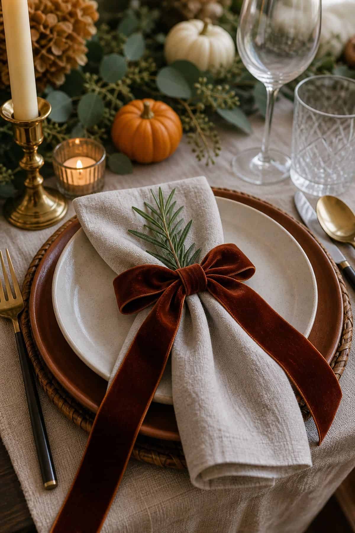 Thanksgiving table decor idea with drape a velvet ribbon across each napkin