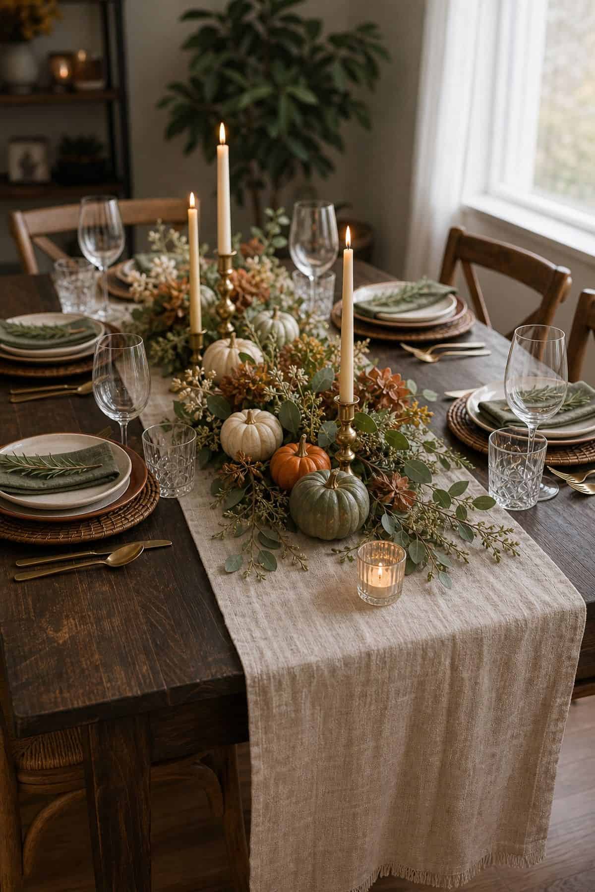 Thanksgiving table decor idea with layer a linen runner down the center