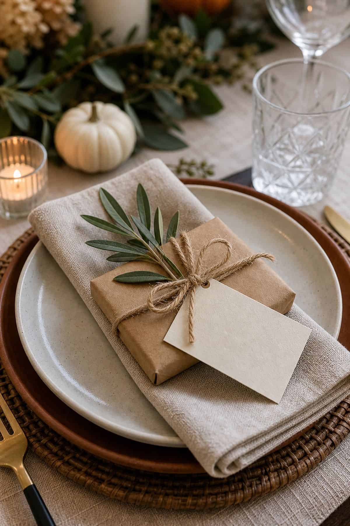 Thanksgiving table decor idea with add place card favors tied with twine
