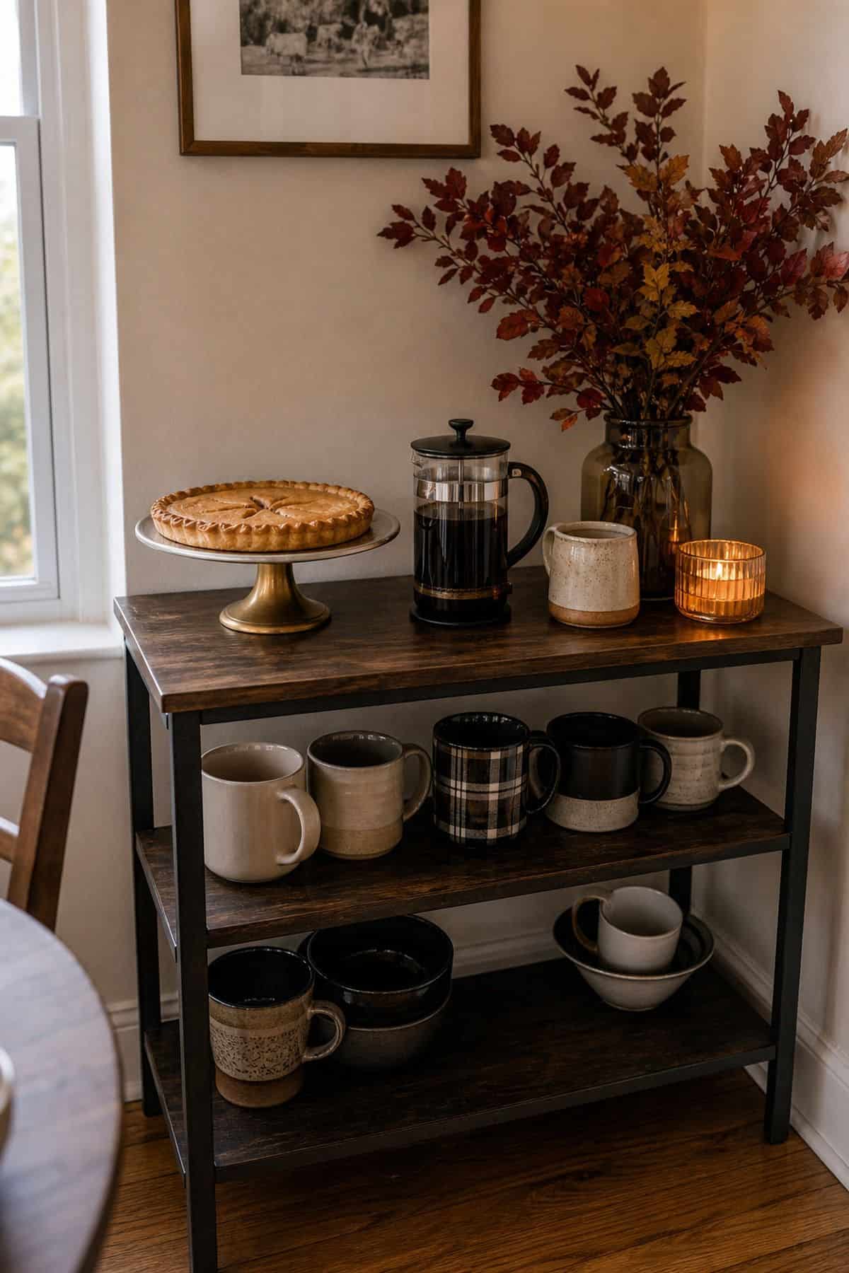Thanksgiving table decor idea with end with a dessert and coffee station nearby