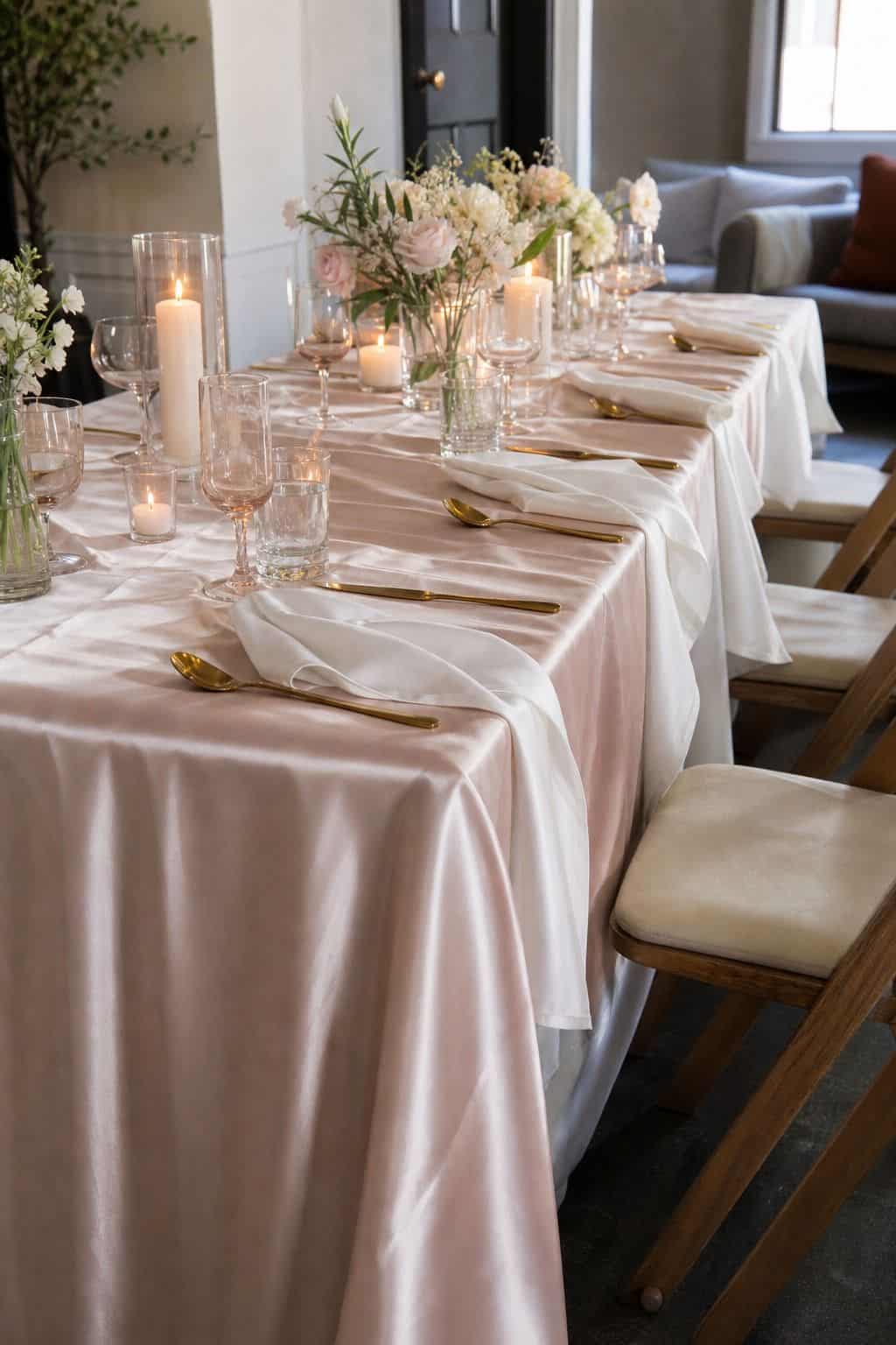 Blush/Champagne Satin Table Runners Set of 10 styled on a wedding reception table