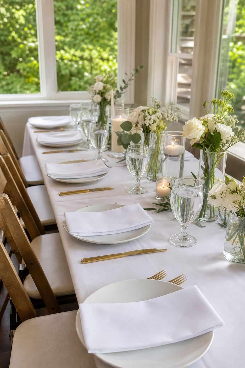 White Poly Banquet Napkins Set of 24 styled on a wedding reception table