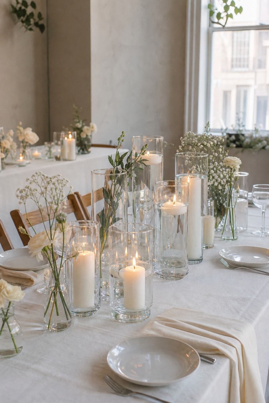 Mixed-Height Cylinder Vases Set of 12 styled on a wedding reception table