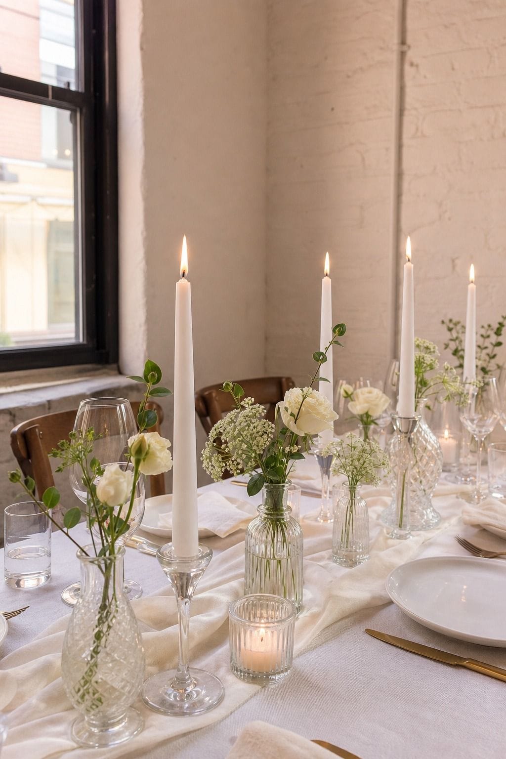 White Taper Candles Bulk 50-Pack styled on a wedding reception table