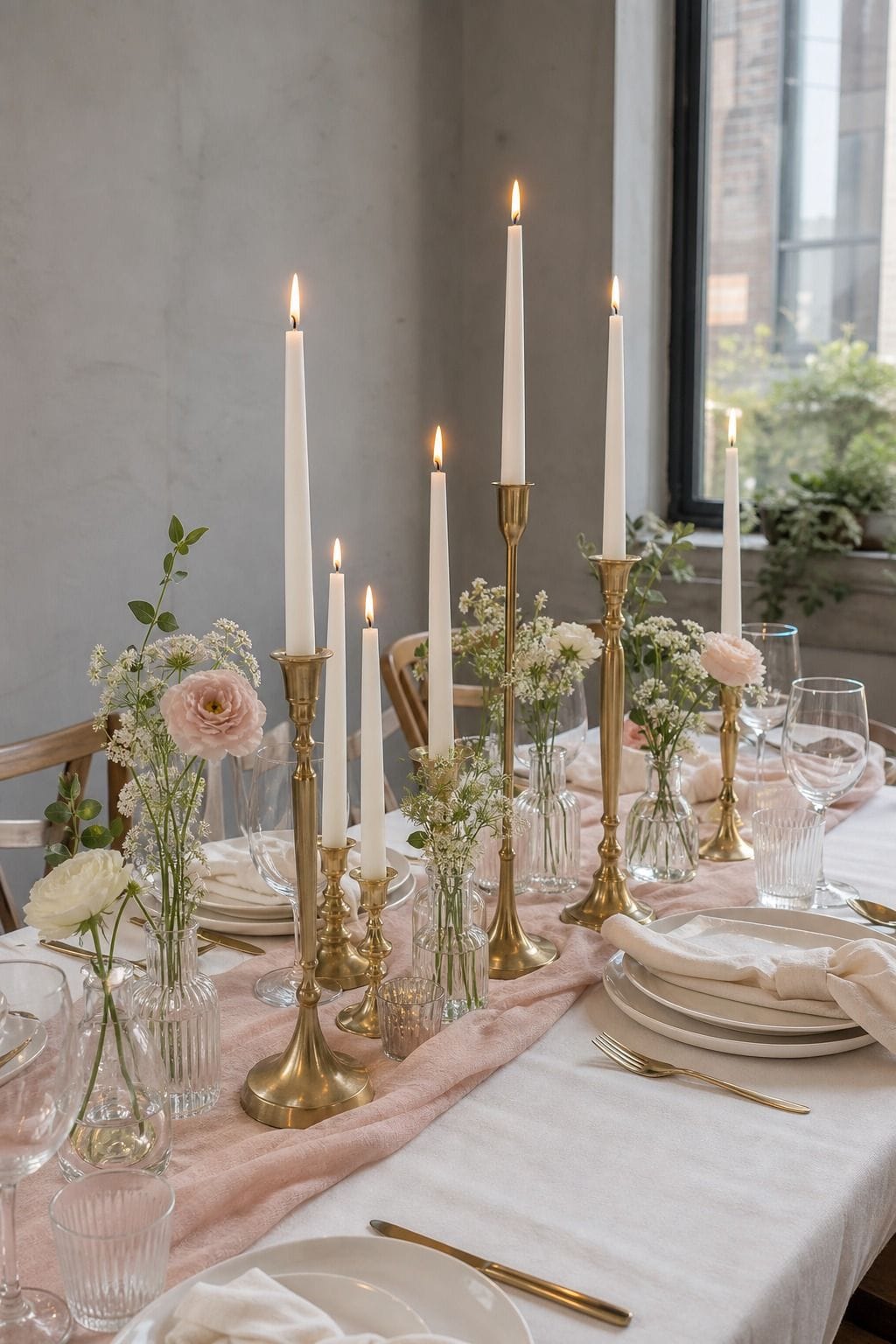 Brass/Gold Taper Candle Holders Set of 12 styled on a wedding reception table