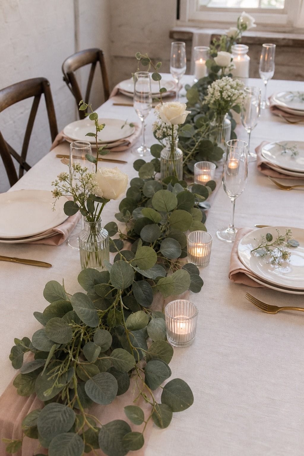 Artificial Eucalyptus Table Garland 6ft styled on a wedding reception table
