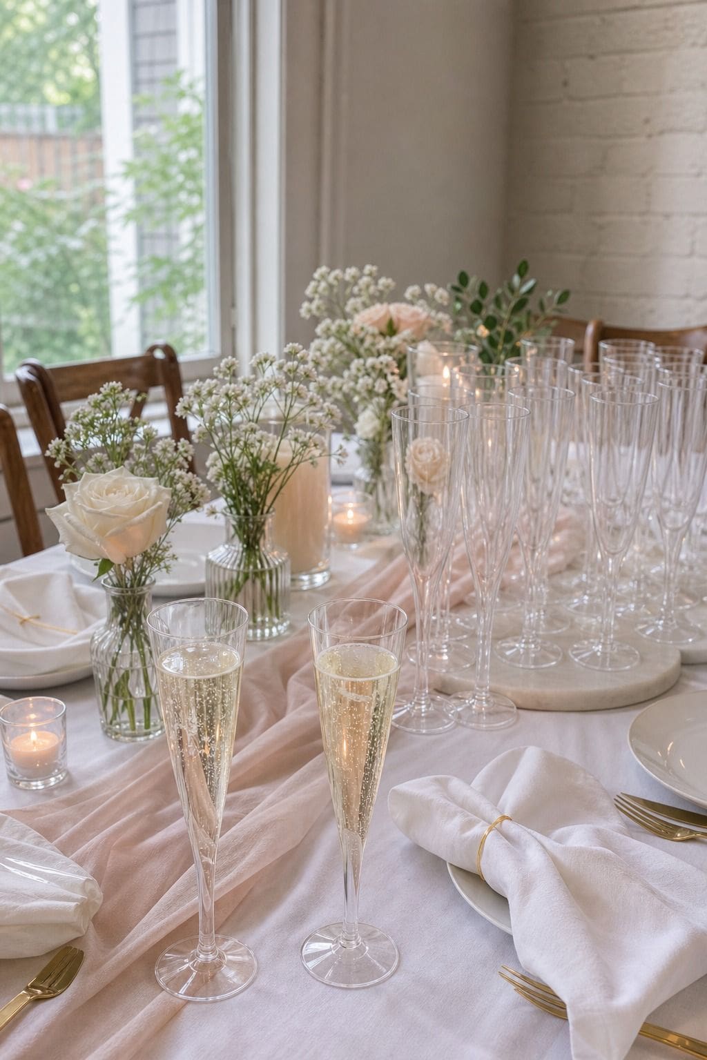 Clear Plastic Champagne Flutes Set of 50 styled on a wedding reception table