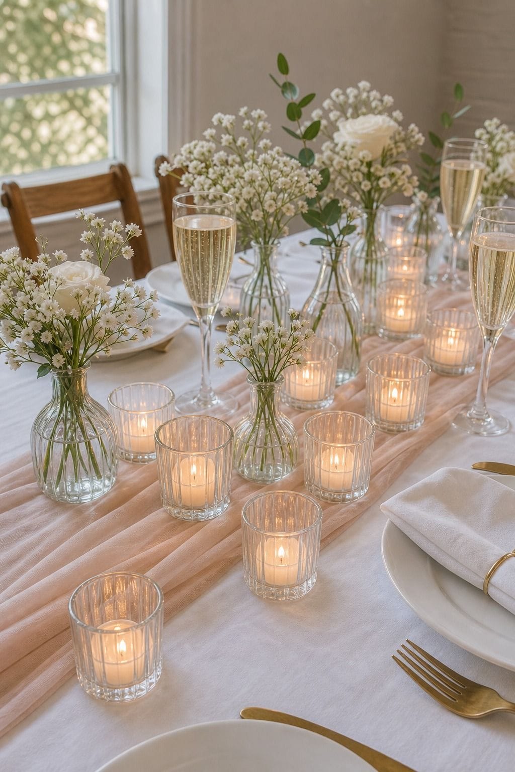 Clear Glass Votive Holders Bulk Set of 36 styled on a wedding reception table