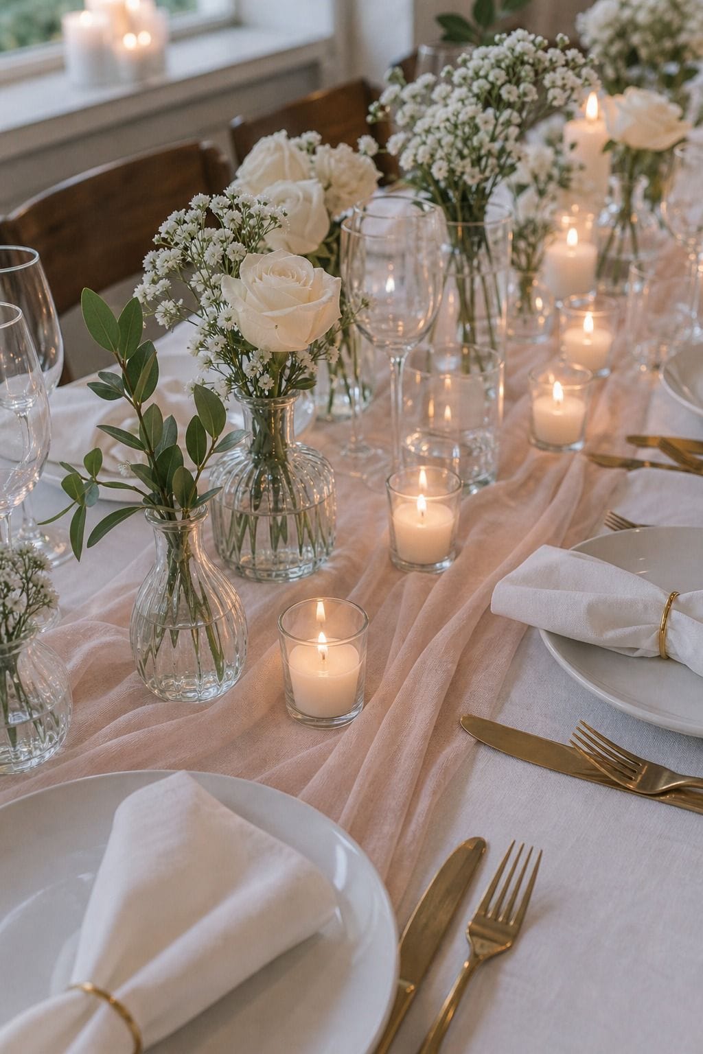 Unscented White Votive Candles 50-Pack styled on a wedding reception table