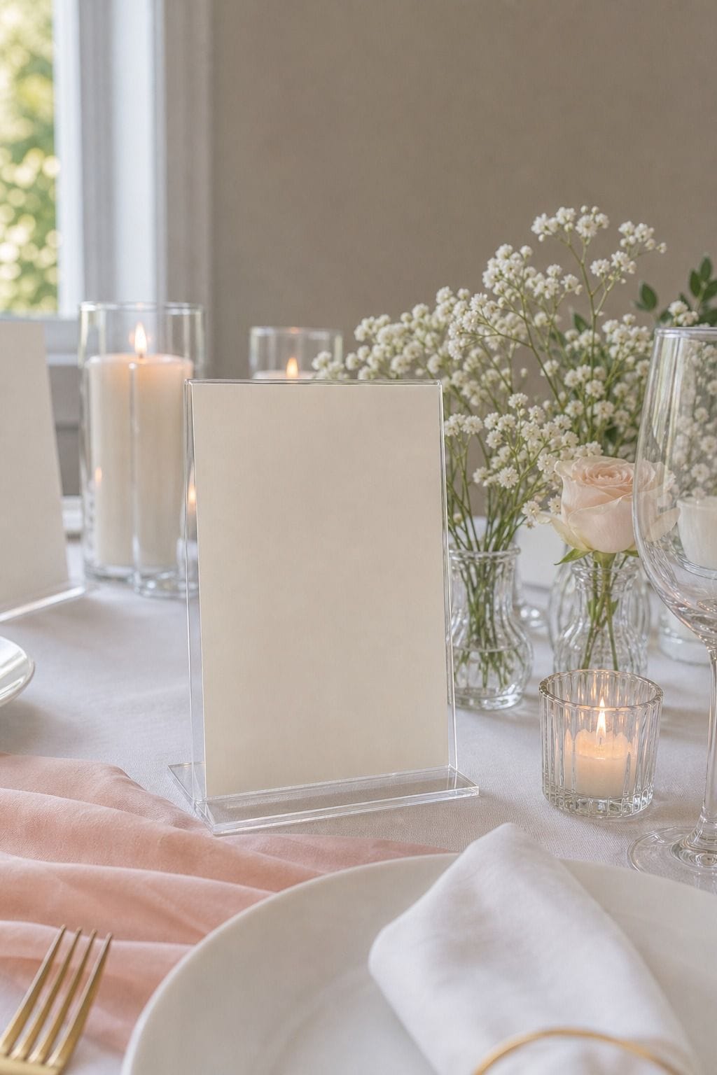 Clear Acrylic Menu Card Holders 4x6 Set of 12 styled on a wedding reception table