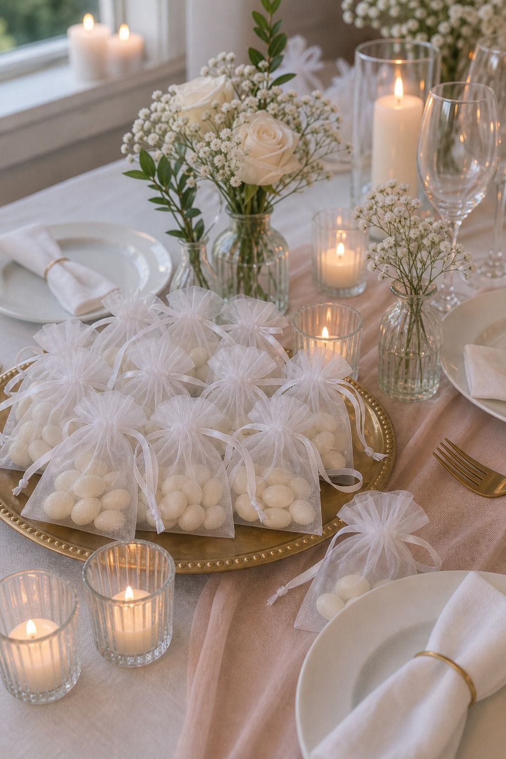 White Organza Favor Bags with Ribbon Bulk Set of 100 styled on a wedding reception table