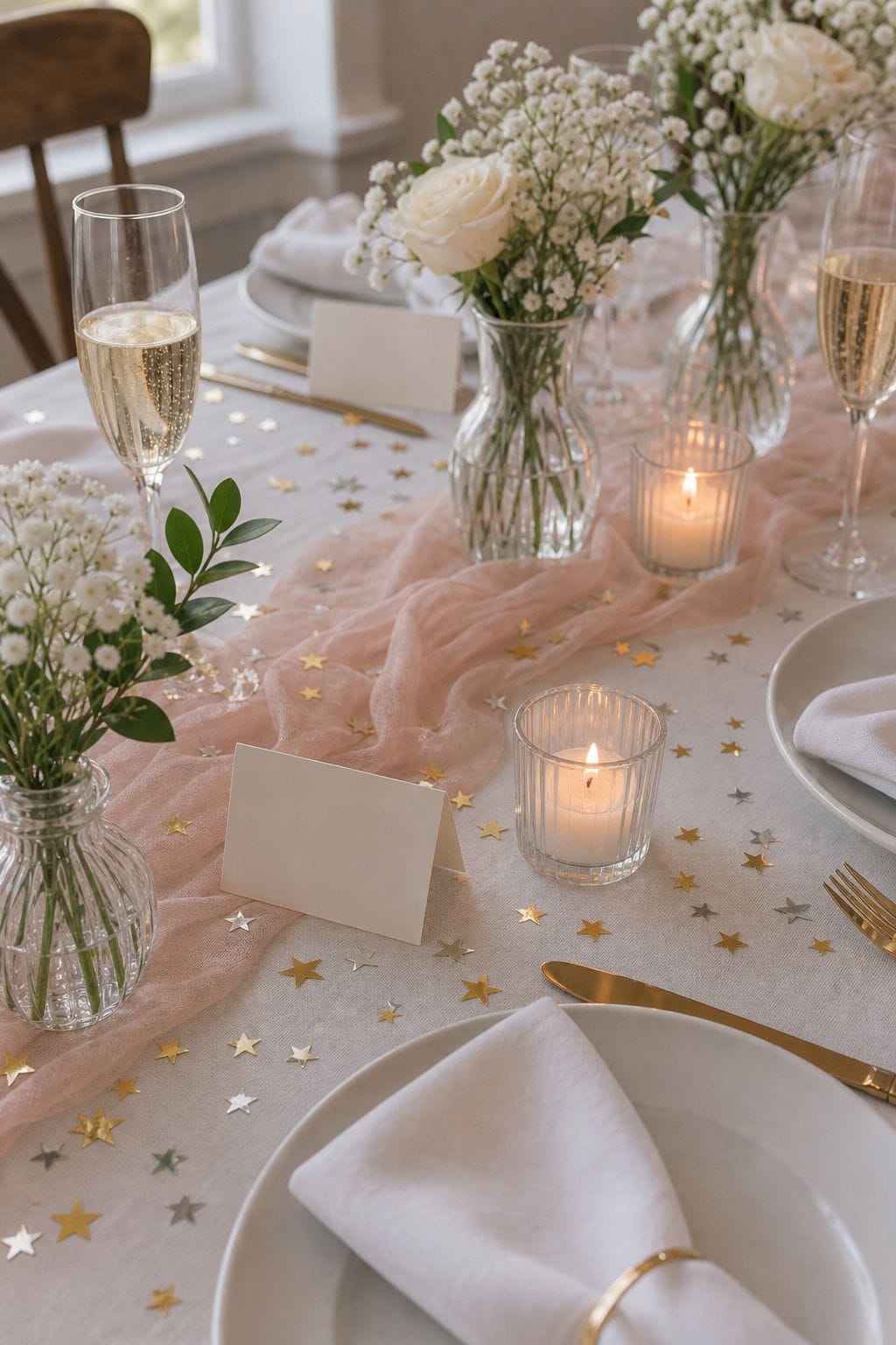 Gold Silver Metallic Star Confetti styled on a wedding reception table