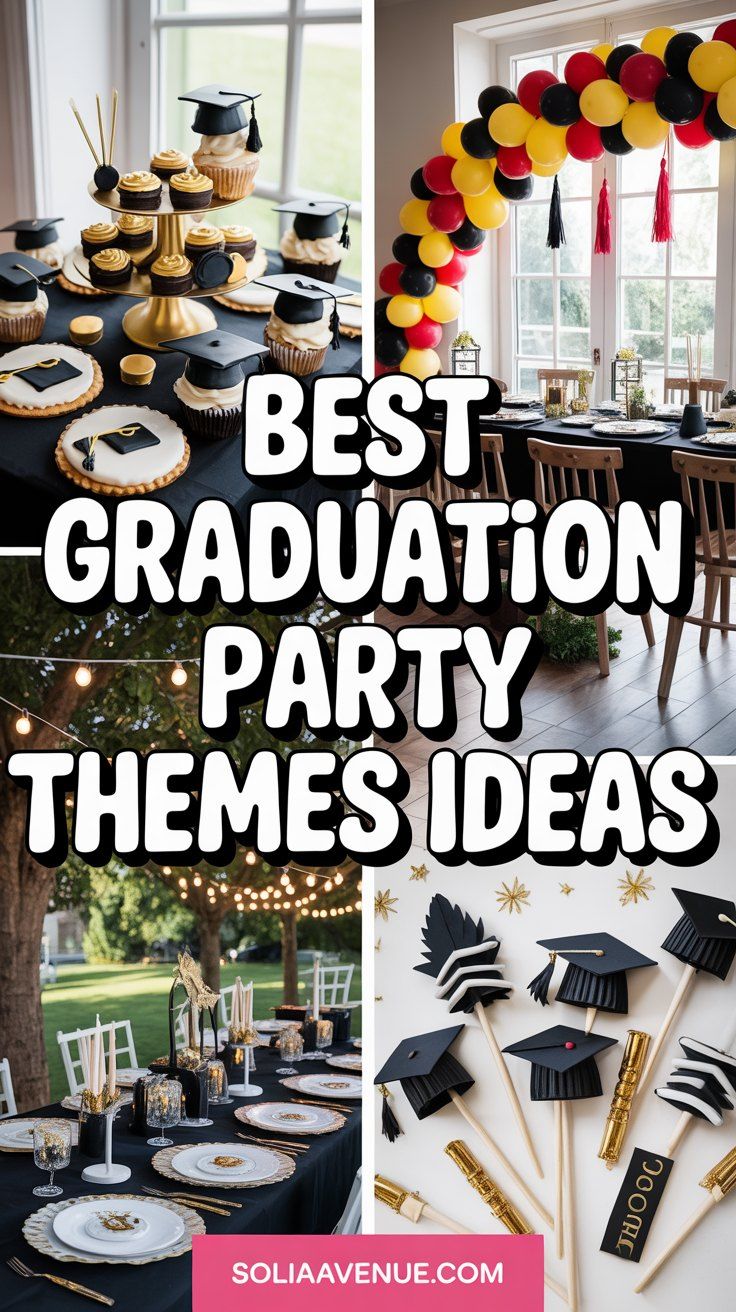 Graduation party ideas Pinterest pin with a black and gold balloon arch, dessert table and graduation cap decorations